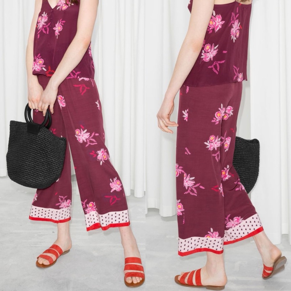 & Other Stories Paris Red Pink Floral Wide Leg Pants Elastic Waist Boho Sz Small